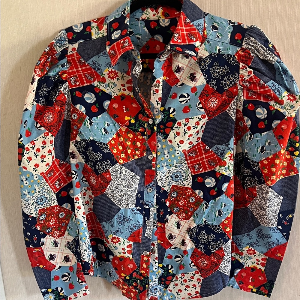 Awesome homemade Patchwork Print Button-Up blouse in Red, Navy & Light Blue